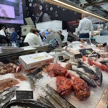 Un étalage de glace remplis de poissons, de mollusques et de crustacés.