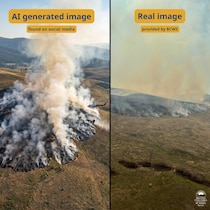 Deux images, dont une qui montre énormément de fumée au-dessus d'un feu de forêt en montagne, et une autre image du même paysage beaucoup moins enfumé.
