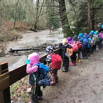 Une rangée de petits enfants habillés pour la pluie, avec sacs à dos, observant une rivière.