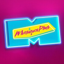 Un logo en jaune et bleu sur un fond mauve.