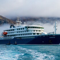 Vue sur un bateau de croisière bleu.