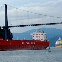 Des navires marchands naviguent sous le pont Lions Gate, à Vancouver.