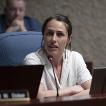 Pascale Albernhe-Lahaie avec le micro ouvert qui parle à l'hôtel de ville.