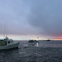Des bateaux de pêche aux homards chargés de casiers prennent la mer lors du lever du soleil.