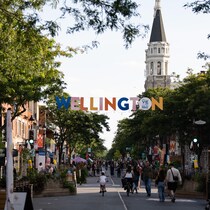 Vue sur la rue Wellington remplie de passants.