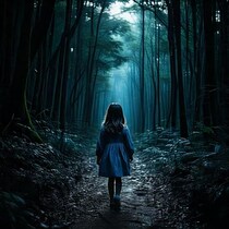 Une fillette marche seule dans une forêt obscure.