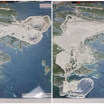 Deux images à vol d'oiseau de la mine Diavik avec quelques différences.