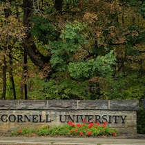 Une jeune femme marche devant l'enseigne de l'Université Cornell.
