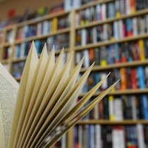 En avant-plan, un livre ouvert devant une bibliothèque bien remplie.