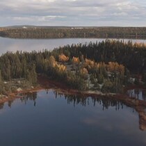 Une vue aérienne d'un lac et de forêts.