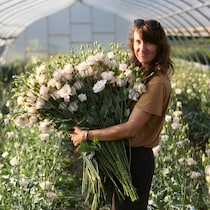 Elle prend la pose, ses bras remplis de gerbes de fleurs fraîchement récoltées depuis l'intérieur d'une serre de la ferme florale.