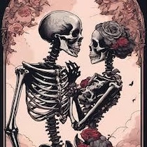 Un couple de squelettes dont le plus petit des deux porte des fleurs rouges dans les cheveux. Leurs mains sont enlacées.