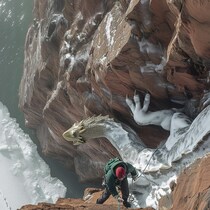 Un grimpeur sur une falaise. Derrière, un immense dragon sculpté fait face à la banquise, des dizaines de mètres plus bas.