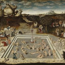 Sur un tableau, des gens nus se baignent dans un bassin avec une fontaine au centre.