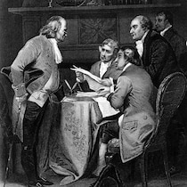 Gravure représentant Benjamin Franklin rédigeant la déclaration d'indépendance américaine avec Thomas Jefferson et John Adams.