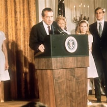 Richard Nixon en compagnie de membres de sa famille lors de son discours de démission, le 9 août 1974