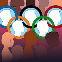 Les anneaux olympiques avec des figures représentant les personnes blanches à l'intérieur, et des figures des personnes issues de la minorité à l'extérieur.