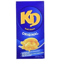Un boîte bleue en carton sur laquelle on voit une image de macaroni au fromage.