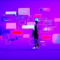 Un homme, que l'on aperçoit de dos, se trouve au milieu d'icônes de messagerie texte, comme un peu perdu au centre de nombreuses bulles de conversation.