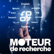 Une personne qui touche du doigt un signe de traduction dans les airs.