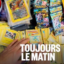 Des mains pointent une collection importantes de cartes Pokémon.