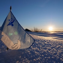 Un petit drapeau bleu et blanc arborant les symboles d'un ours polaire et d'un logo représentant une moitié de fleur de lys et une moitié de flocon est planté dans la neige. 