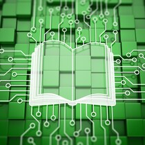 Illustration d'un livre entouré de circuits dans un environnement technologique.