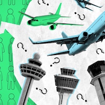 Illustration d'une bulle qui pointe un personnage dans une foule. Dans la bulle se trouvent des avions et des tours d'aéroports.