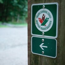 Un panneau du sentier Transcanadien sur un mur en bois.