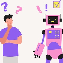 Illustration montrant un adolescent qui se questionne face à un robot qui a l'air enjoué et au-dessus duquel il y a un crochet dans une case.