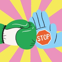 Une illustration d’une main tendue en avant avec un panneau d'arrêt dans la paume. Elle bloque un poing dans un gant de boxe. Un arrière-plan coloré avec des lignes pointant vers le centre.