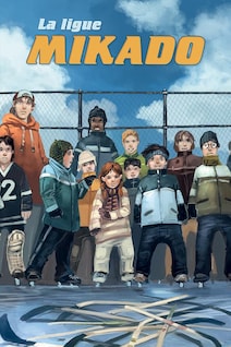 Illustration d'une dizaine d'enfants sur une patinoire extérieure, les bâtons de hockey jetés sur la glace comme des mikados.