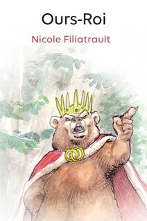 Illustration d'un ours portant une couronne et une cape, levant un doigt vers le ciel, les yeux 