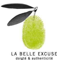 Logo de la marque La Belle Excuse composé d'une olive en empreinte de doigt avec une tige et deux feuilles.