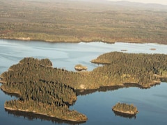 Une grande île boisée dans un lac.