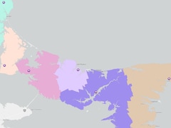 Carte montrant les six zones scolaires francophones de l'Île-du-Prince-Édouard. Chaque zone est représentée par une couleure différente.