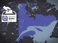 Carte de l'Est-du-Québec délimitant les circonscriptions électorales provinciales. Une urne y est dessinée, arborant le logo d'Élections Québec 2022.
