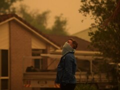 Un résident regarde le ciel assombri par la fumée et les cendres du feu de Currowan  en Nouvelle-Galles-du-Sud, Australie, le 4 janvier 2020. 