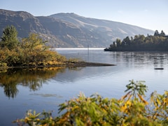 Le fleuve Columbia entouré de petites montagnes et de végétations automnales, en oregon, aux États-Unis, en 2024.