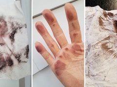 Triptyque de photos montrant des chiffons et une paume de main recouverts de poussière rouge.