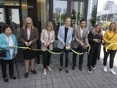 (L-R) Brenda Bailey, Rebecca Bligh, Pascal St-Onge, Brian McBay, Lana Popham and Sarah Kirby-Yung cut a ribbon during the opening of the City of VancouverÕs owned arts and cultural hub at 825 Pacific St., in Vancouver, B.C., on Monday, May 14, 2024.