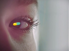 Visuel d'un médicament sur l'œil d'une personne.