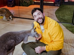 Il donne à manger à un kangourou. 