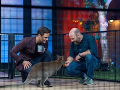 Sur le plateau de l'émission Les poilus, Mathieu Lafontaine est accroupie devant un kangourou.