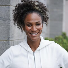 Une femme souriante en tenue de sport.