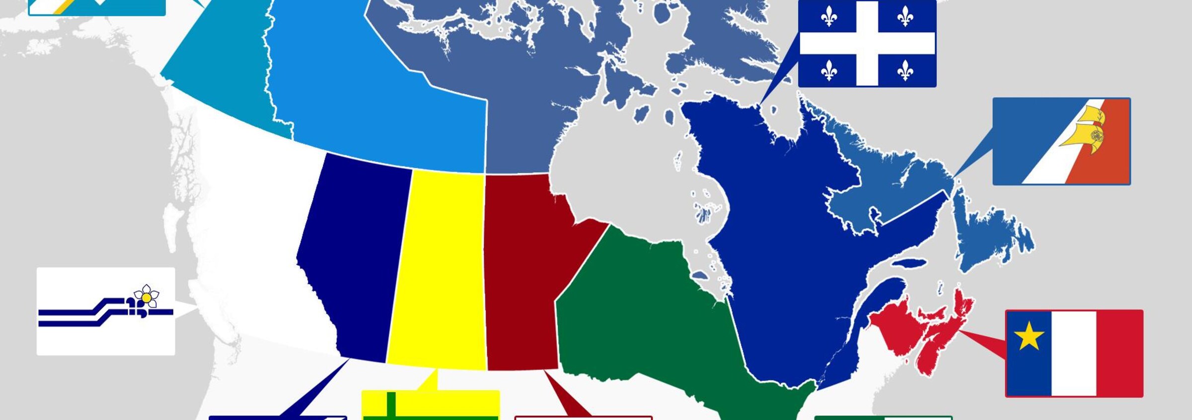 Carte du Canada avec les drapeaux des différentes communautés francophones du pays.