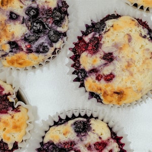 Zoom sur des muffins aux petits fruits dans leur moule.