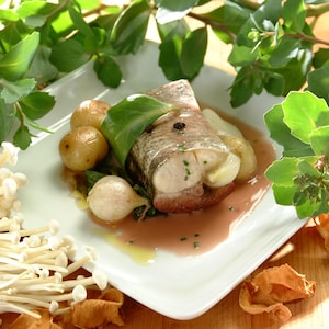 Une assiette de dos de brochet aux orties et à l'orpin accompagné de pommes de terre.