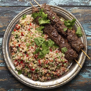 Des brochettes de kefta dans une assiette servies avec du taboulé.