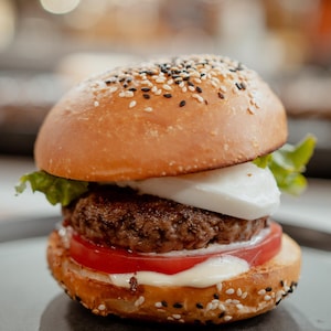 Un burger garni de mayonnaise, d'une tranche de tomate, d'une boulette de viande et de fromage dans une assiette.